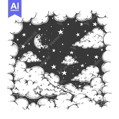 Aset desain premium: Hand-drawn illustration of a night sky with clouds and stars