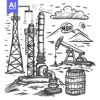 Premium design asset: Hand-Drawn Illustration of an Oil Refinery with Pumpjacks, a Storage T
