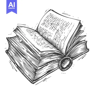 Aset desain premium: Hand-drawn Illustration of an Open Book with Detailed Pages