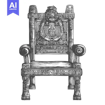 Aset desain premium: Hand-drawn Illustration of an Ornate Mayan Throne with a Carved Face