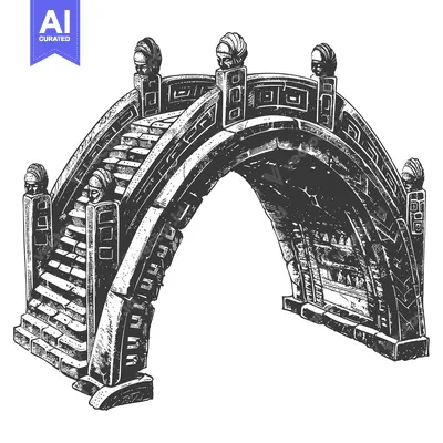 Aset desain premium: Hand-Drawn Illustration of an Ornate Stone Bridge with Statues