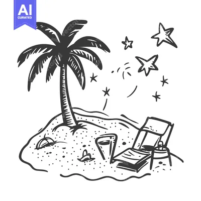 Popular premium asset: Hand-drawn illustration of a palm tree on a sandy island with a lounge