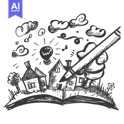 Aset desain premium: Hand-Drawn Illustration of a Pen Writing a Story About a Small Town
