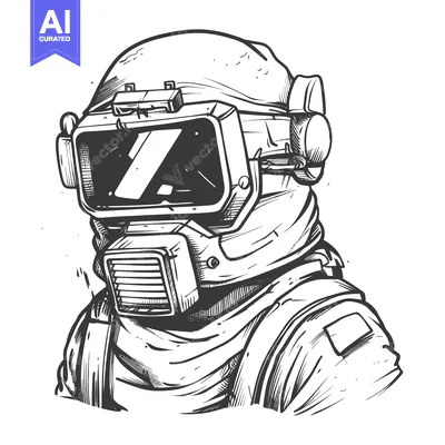 Aset desain premium: Hand-Drawn Illustration of a Person Wearing a Futuristic Helmet and Ga