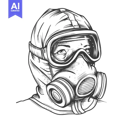 Premium design asset: Hand-drawn illustration of a person wearing a gas mask