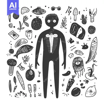 Aset desain premium: Hand-Drawn Illustration of a Person with Various Objects Surrounding T