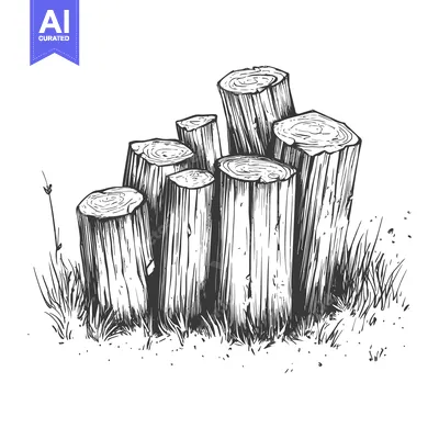Aset desain premium: Hand-drawn illustration of a pile of wooden logs in grass