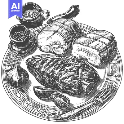 Aset desain premium: Hand-Drawn Illustration of a Plate with Grilled Meat, Peppers, Garlic,