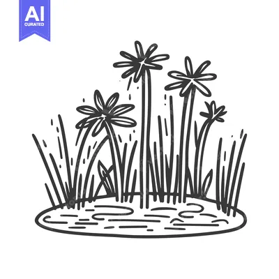 Aset desain premium: Hand-drawn illustration of a pond with grass and flowers
