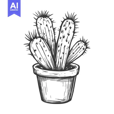 Premium design asset: Hand-drawn illustration of a potted cactus with multiple stems