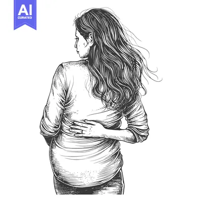 Aset premium populer: Hand-drawn illustration of a pregnant woman, rear view, long hair