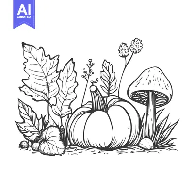Aset premium populer: Hand-drawn illustration of a pumpkin, mushroom, and leaves