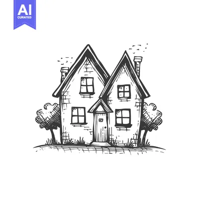 Aset desain premium: Hand-drawn illustration of a quaint two-story house with a chimney and