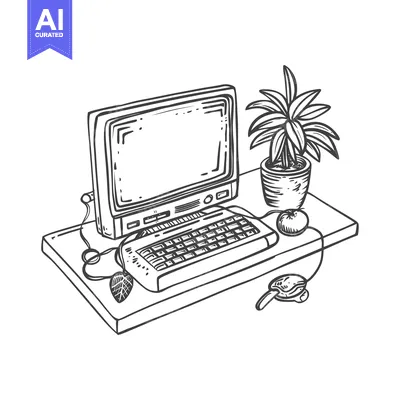 Aset desain premium: Hand-drawn illustration of a retro computer with a potted plant on a t