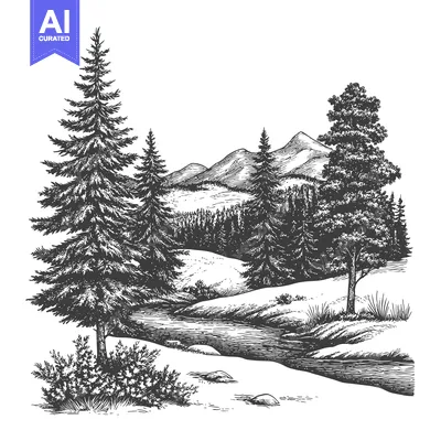Premium design asset: Hand-drawn illustration of a river flowing through a mountainous fores