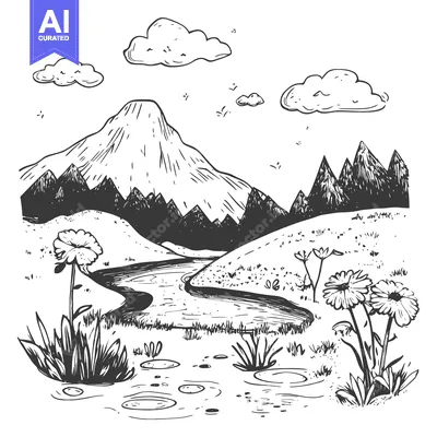 Aset premium populer: Hand-drawn illustration of a river winding through a valley with mount
