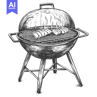 Aset desain premium: Hand-drawn illustration of a round charcoal grill with steaks cooking