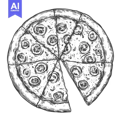 Aset premium populer: Hand-drawn illustration of a round pizza with a missing slice