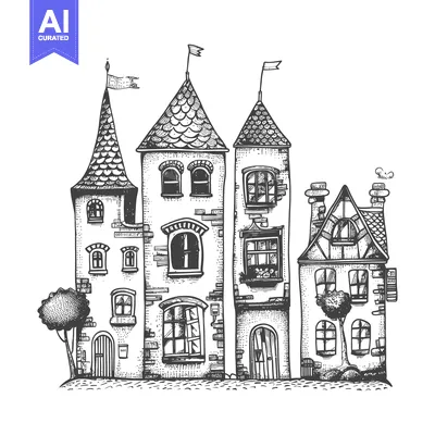 Aset premium populer: Hand-Drawn Illustration of a Row of Three Fantasy Houses with Flags