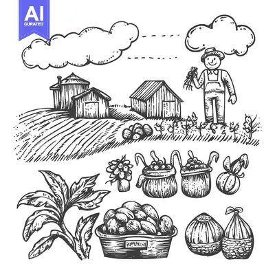 Aset premium populer: Hand-Drawn Illustration of a Rural Scene with a Farmer, Farm Buildings