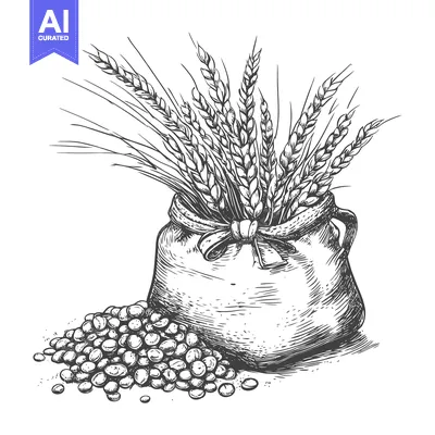 Aset premium populer: Hand-Drawn Illustration of a Sack Filled with Wheat and Spilled Grain