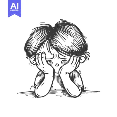 Aset premium populer: Hand-drawn Illustration of a Sad Boy with His Face in His Hands