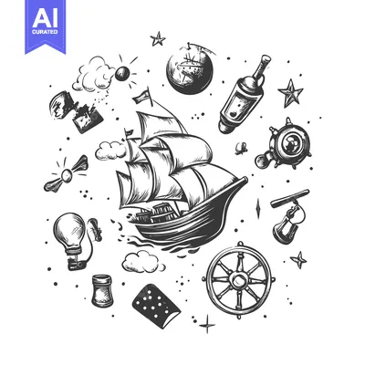 Popular premium asset: Hand-Drawn Illustration of a Sailing Ship Surrounded by Nautical Objec