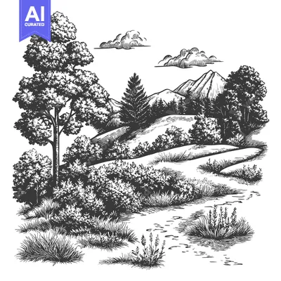 Aset premium populer: Hand-drawn Illustration of a Scenic Mountain Landscape with Trees, Gra
