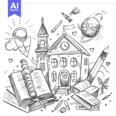 Aset desain premium: Hand-Drawn Illustration of a School Building Surrounded by Books, Penc
