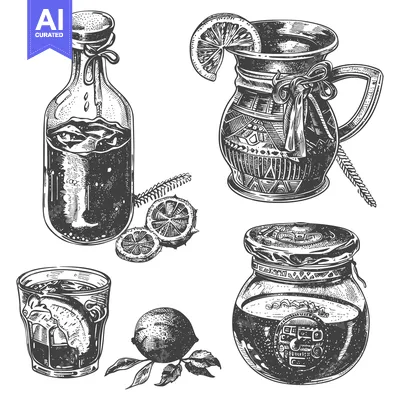Aset premium populer: Hand-drawn illustration of a set of drinks with lemon