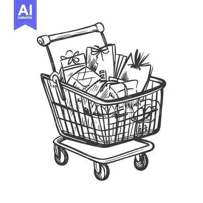 Premium design asset: Hand-drawn illustration of a shopping cart filled with packages and gi