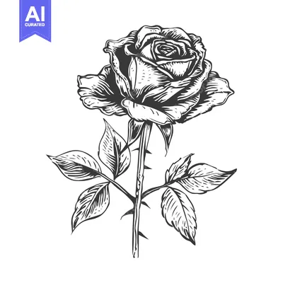 Aset desain premium: Hand-drawn illustration of a single blooming rose with leaves and thor