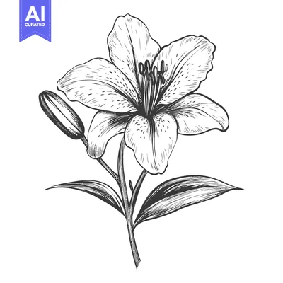 Premium design asset: Hand-drawn illustration of a single lily flower with a bud and leaves
