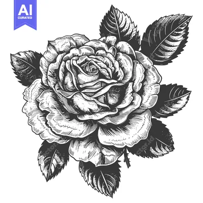 Aset desain premium: Hand-Drawn Illustration of a Single Rose with Leaves