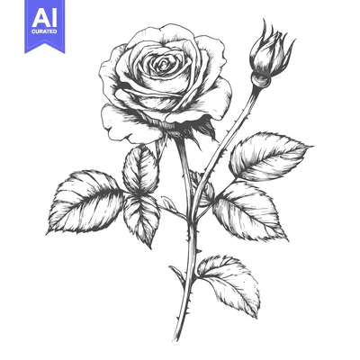 Aset desain premium: Hand-drawn illustration of a single rose with leaves and a bud