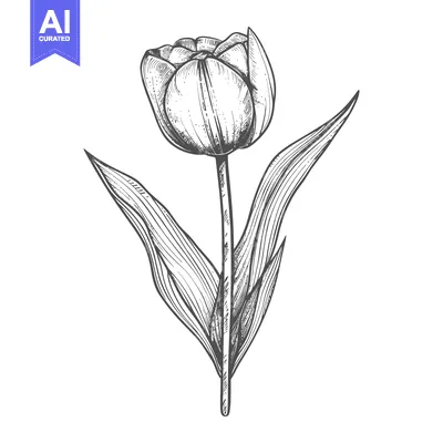 Aset desain premium: Hand-drawn illustration of a single tulip with leaves