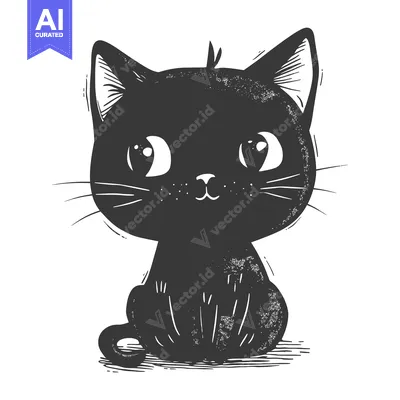 Aset desain premium: Hand-drawn Illustration of a Sitting Black Cat with Large Eyes