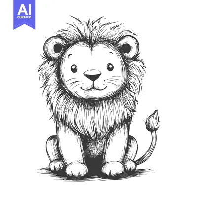 Aset premium populer: Hand-drawn Illustration of a Sitting Lion Cub with a  Fluffy Mane and
