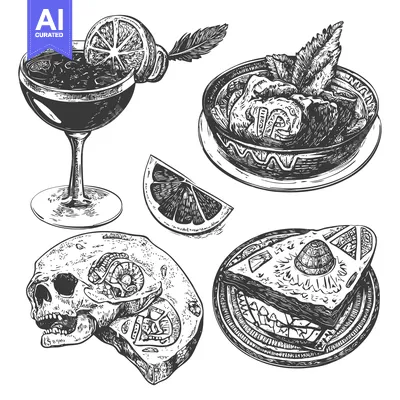 Popular premium asset: Hand-Drawn Illustration of a Skull, Cocktail, Food, and a Feather