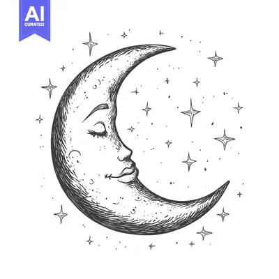 Aset premium populer: Hand-Drawn Illustration of a Sleeping Moon with Stars