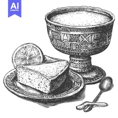 Popular premium asset: Hand-Drawn Illustration of a Slice of Cake, a Cup of Tea, and a Lemon