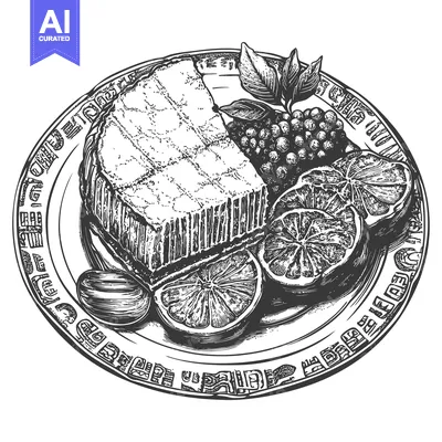 Aset premium populer: Hand-drawn illustration of a slice of cake, orange slices, and berries