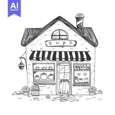 Aset desain premium: Hand-drawn illustration of a small brick shop with a striped awning an