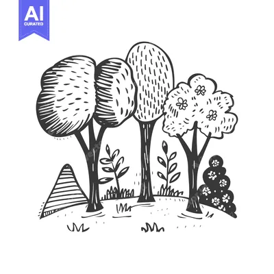 Aset premium populer: Hand-drawn Illustration of a Small Forest with Trees and Bushes
