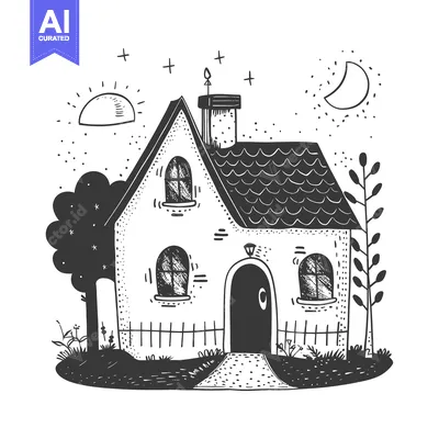 Aset desain premium: Hand-drawn illustration of a small house with a roof, windows, door, t