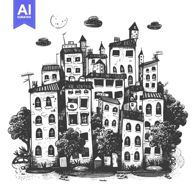 Aset premium populer: Hand-drawn illustration of a small town with houses, trees, and a moon