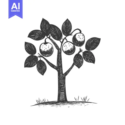Aset desain premium: Hand-drawn Illustration of a Small Tree with Fruits