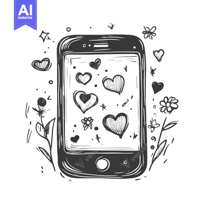 Aset premium populer: Hand-Drawn Illustration of a Smartphone Displaying Hearts and Floral E