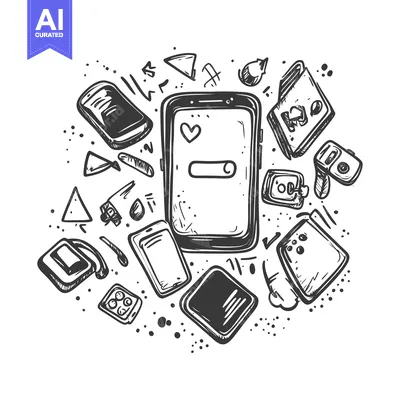 Aset premium populer: Hand-Drawn Illustration of a Smartphone Surrounded by Various Gadgets