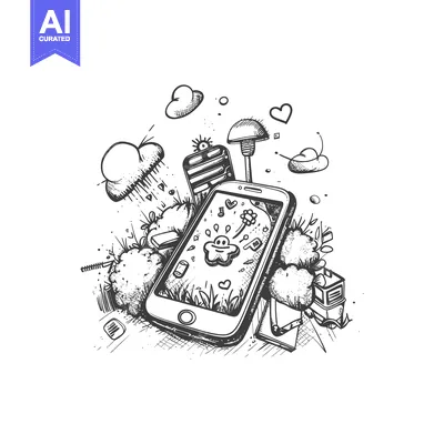 Aset desain premium: Hand-Drawn Illustration of a Smartphone with Surrounding Elements